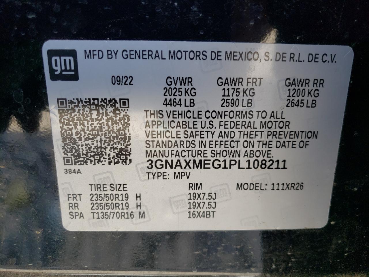 2023 CHEVROLET EQUINOX RS VIN:3GNAXMEG1PL108211