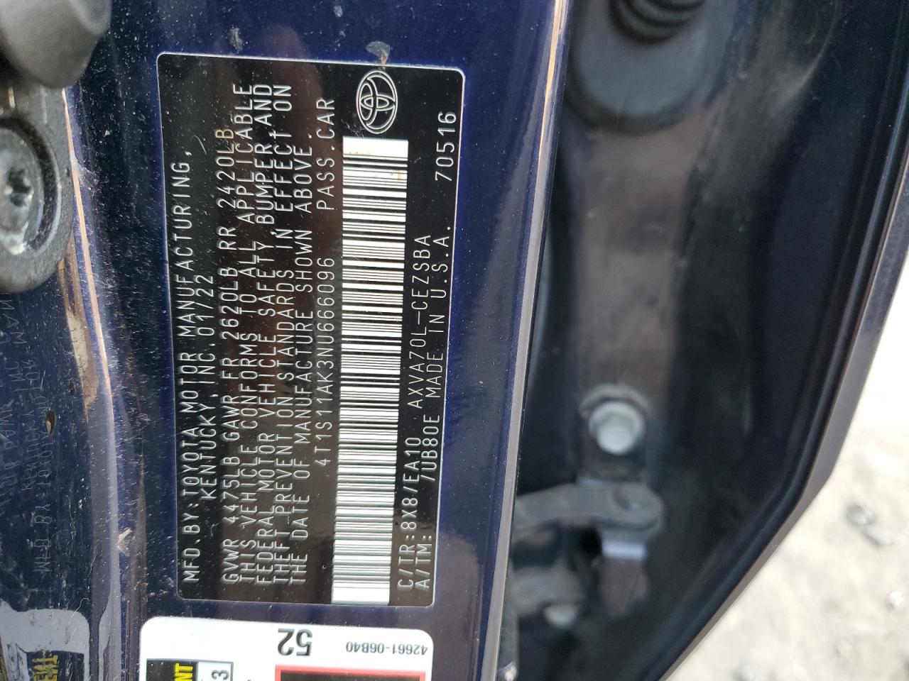 2022 TOYOTA CAMRY NIGHT SHADE VIN:4T1S11AK3NU666096