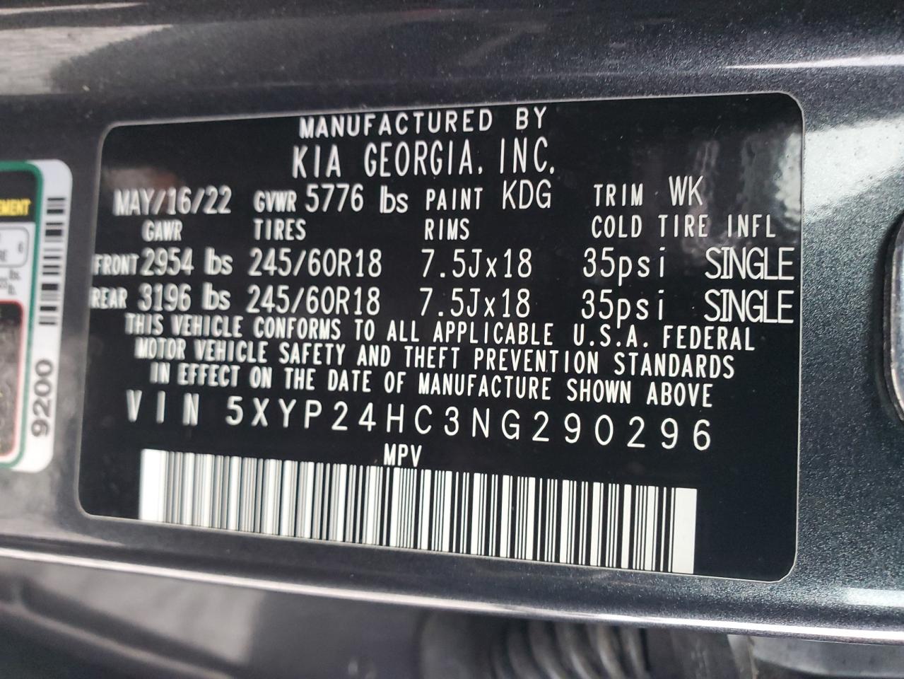 2022 KIA TELLURIDE LX VIN:5XYP24HC3NG290296