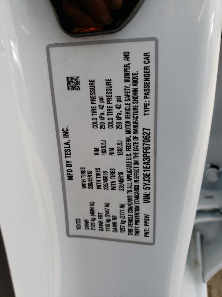 2023 TESLA MODEL 3 VIN:5YJ3E1EA3PF670627