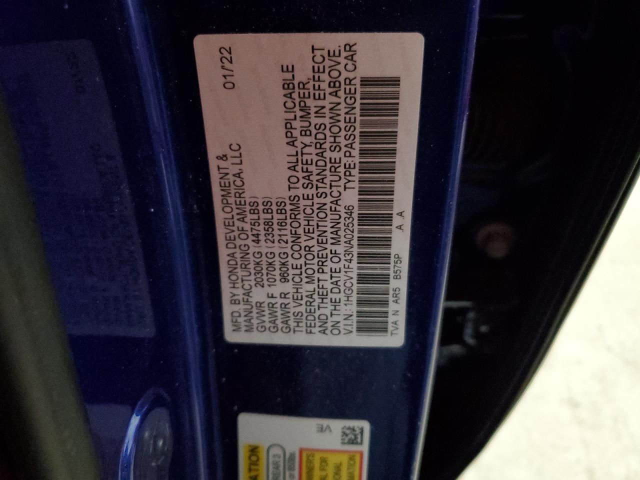 2022 HONDA ACCORD SPORT SE VIN:1HGCV1F43NA025346