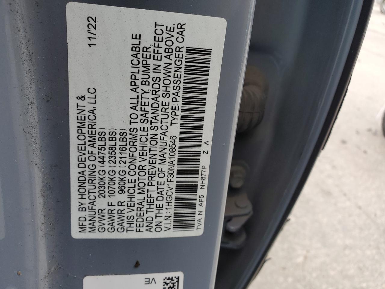 2022 HONDA ACCORD SPORT VIN:1HGCV1F30NA108546