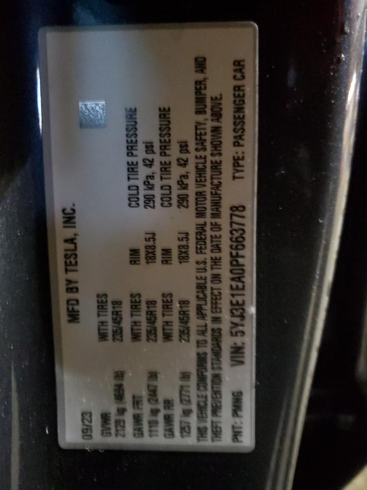 2023 TESLA MODEL 3 VIN:5YJ3E1EA0PF663778