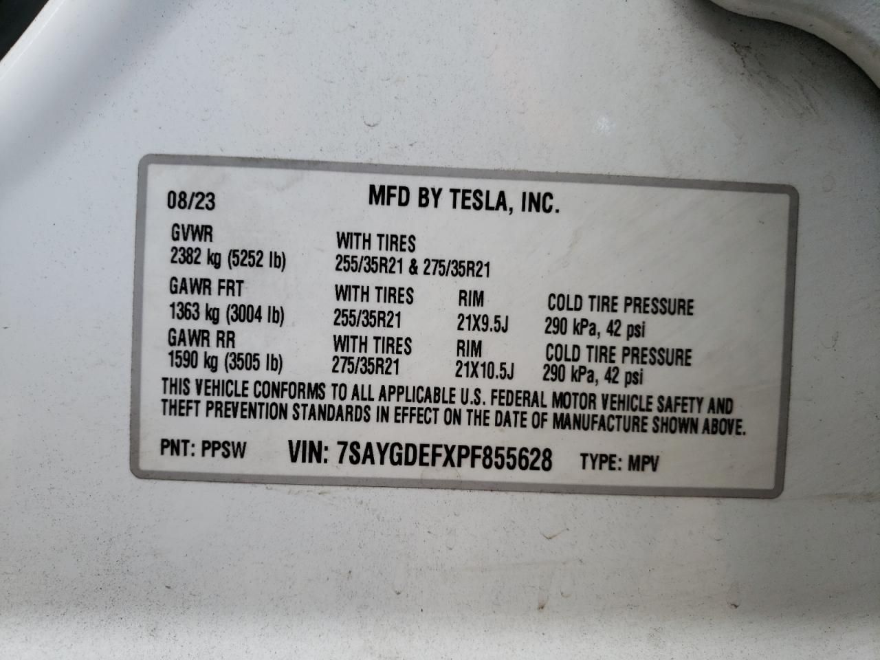 2023 TESLA MODEL Y VIN:7SAYGDEFXPF855628