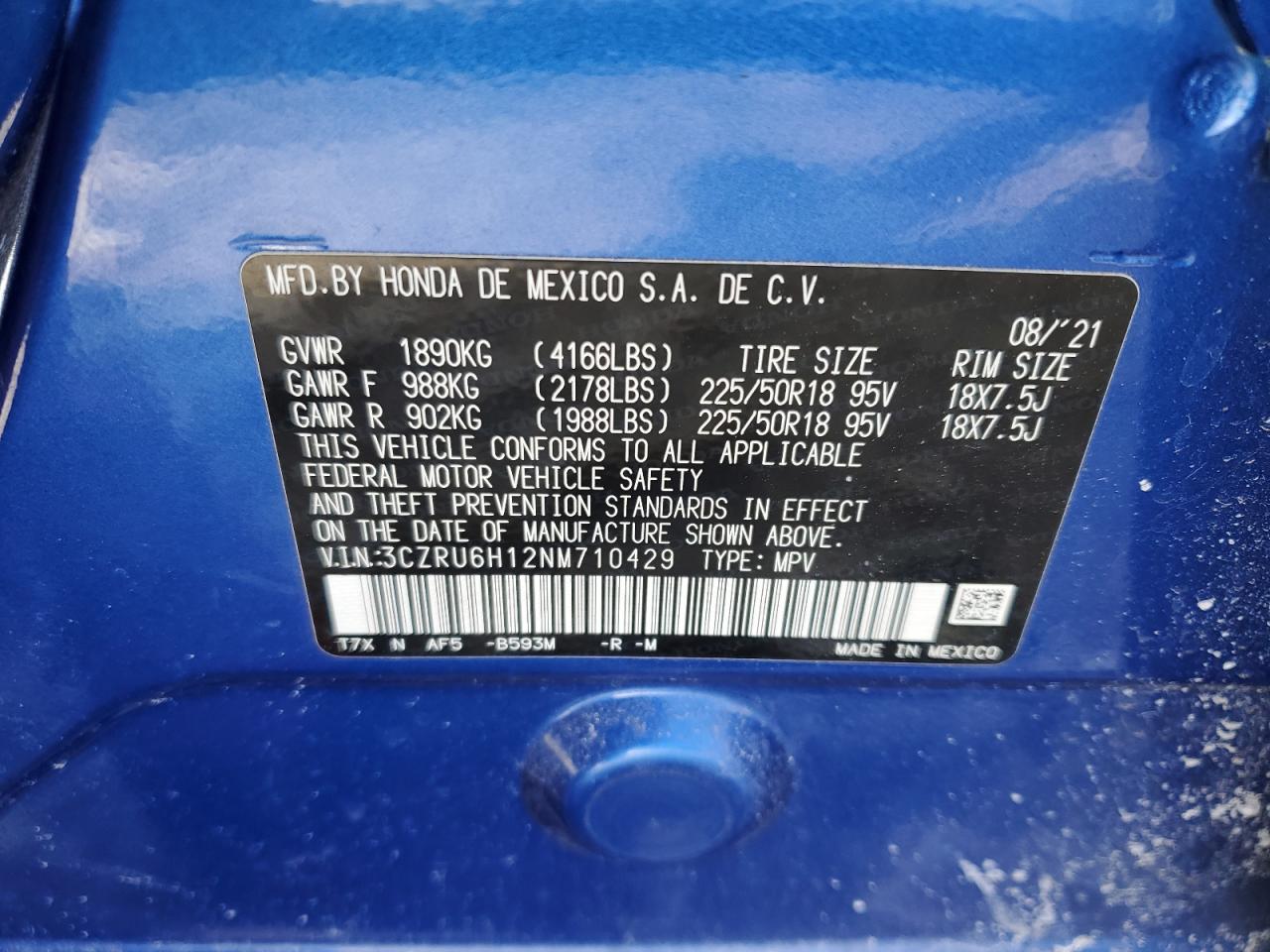 2022 HONDA HR-V SPORT VIN:3CZRU6H12NM710429