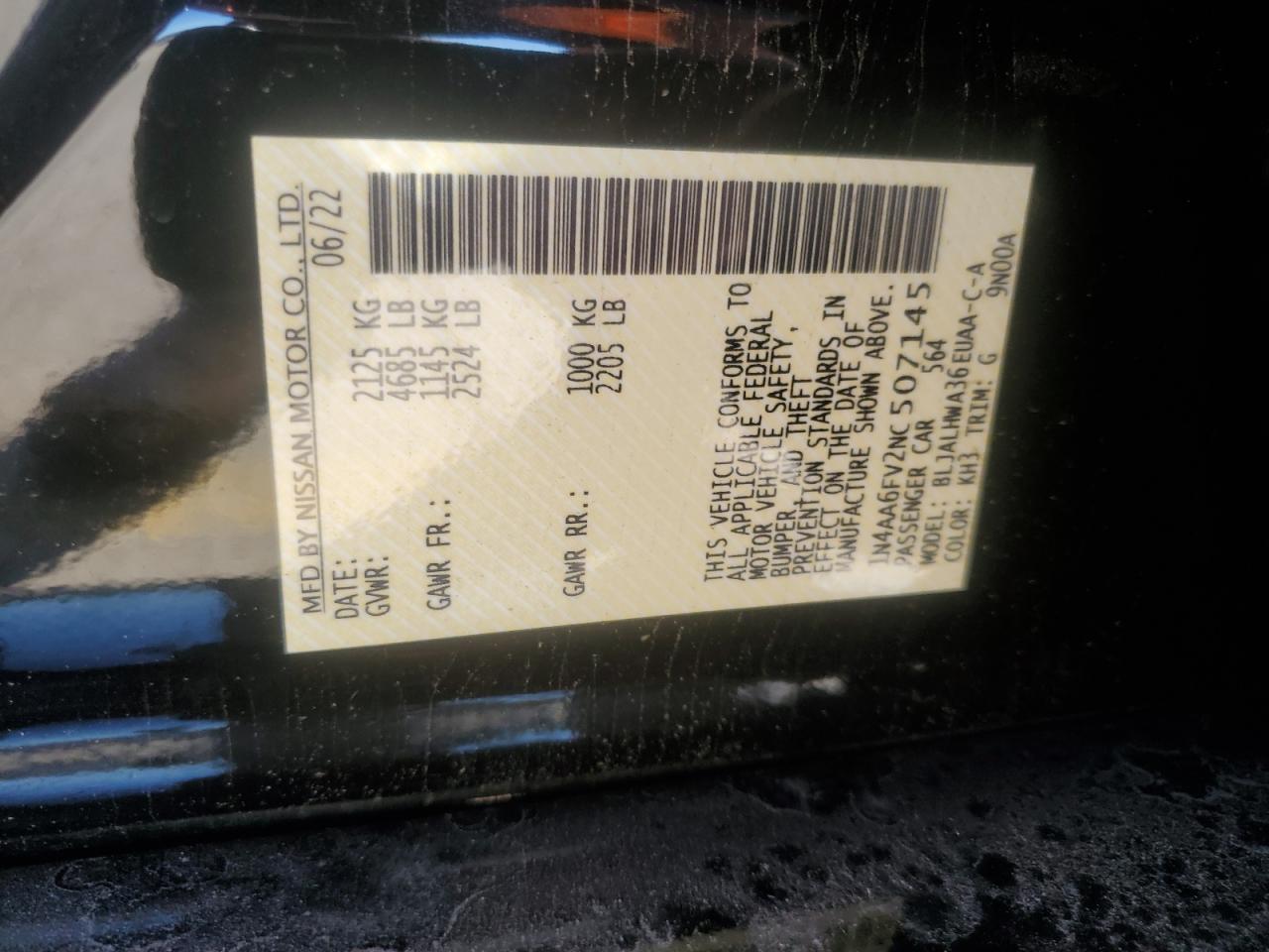 2022 NISSAN MAXIMA PLATINUM VIN:1N4AA6FV2NC507145