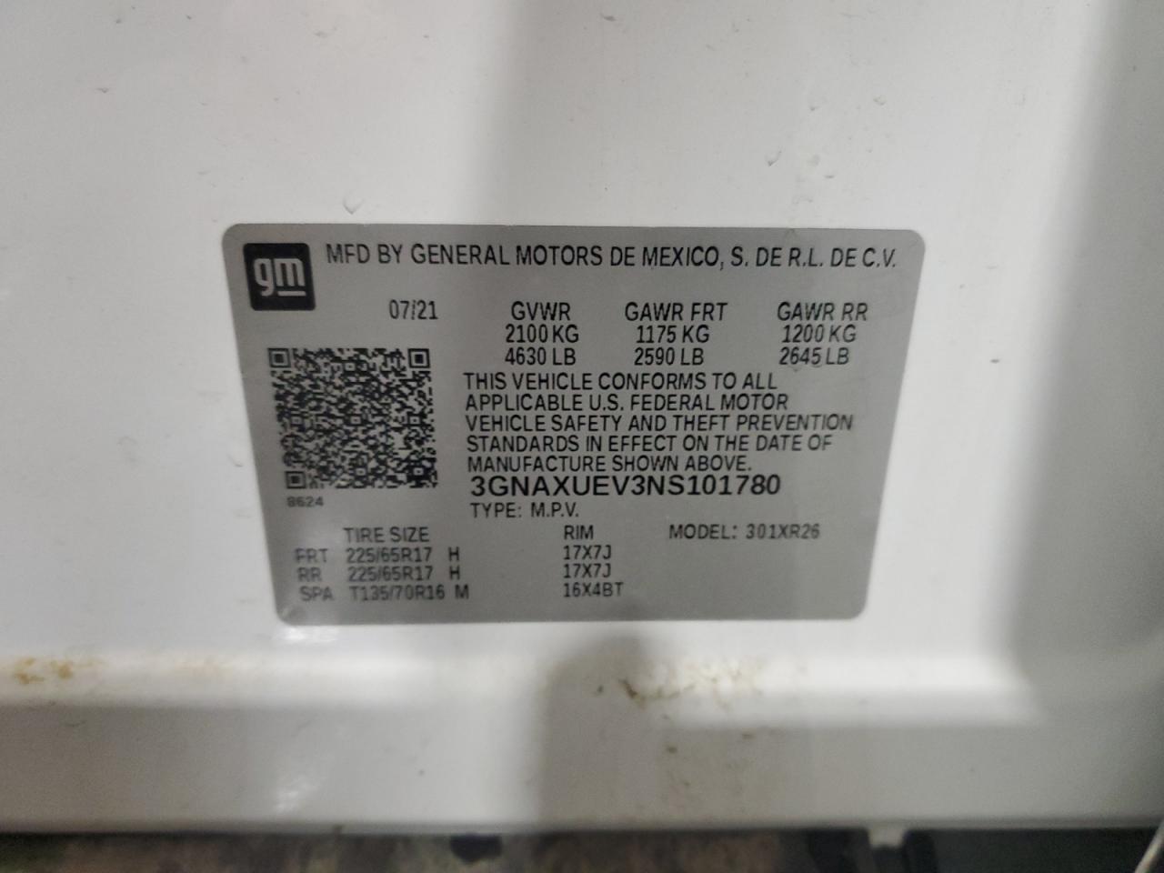 2022 CHEVROLET EQUINOX LT VIN:3GNAXUEV3NS101780