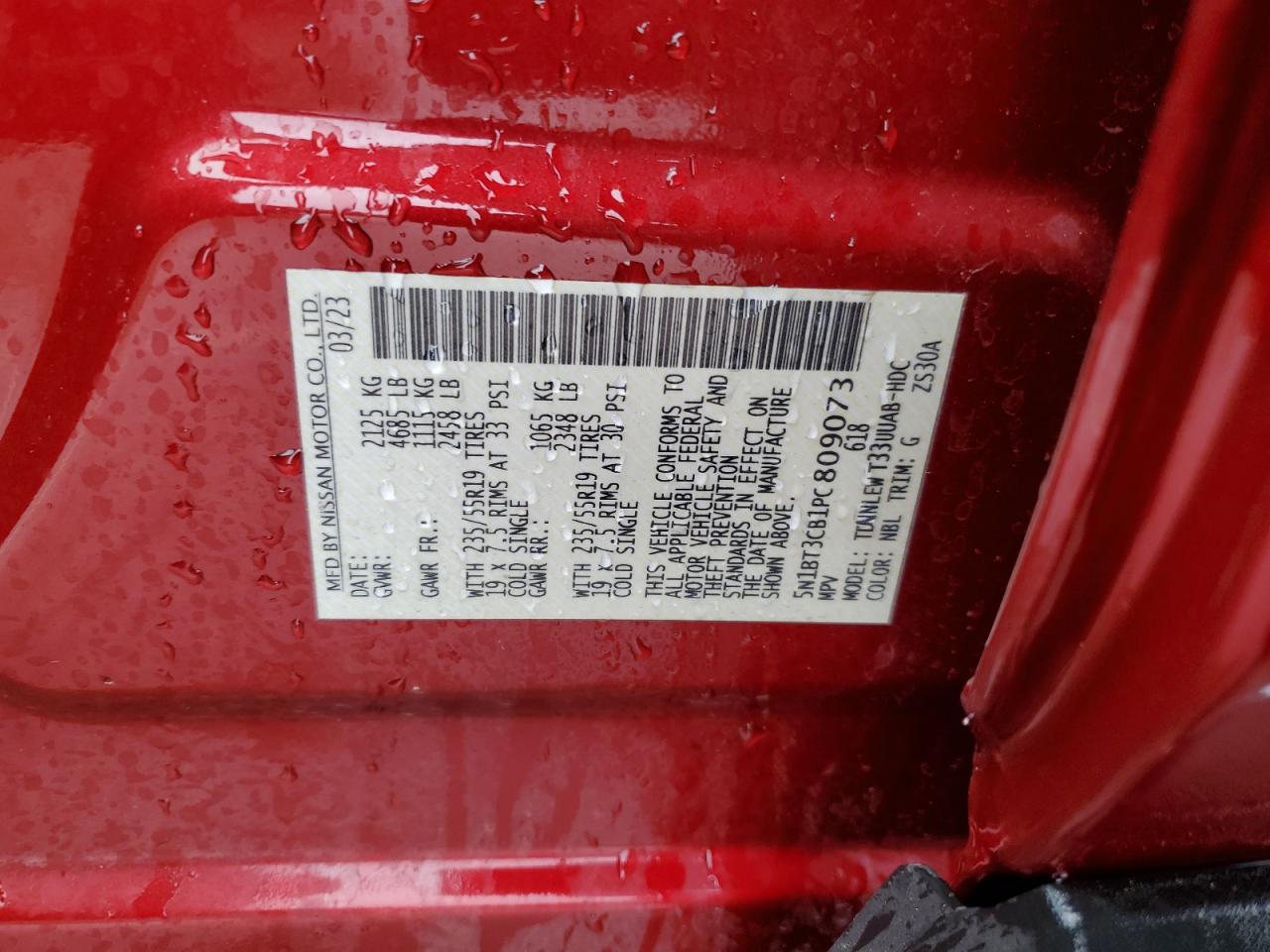 2023 NISSAN ROGUE SL VIN:5N1BT3CB1PC809073