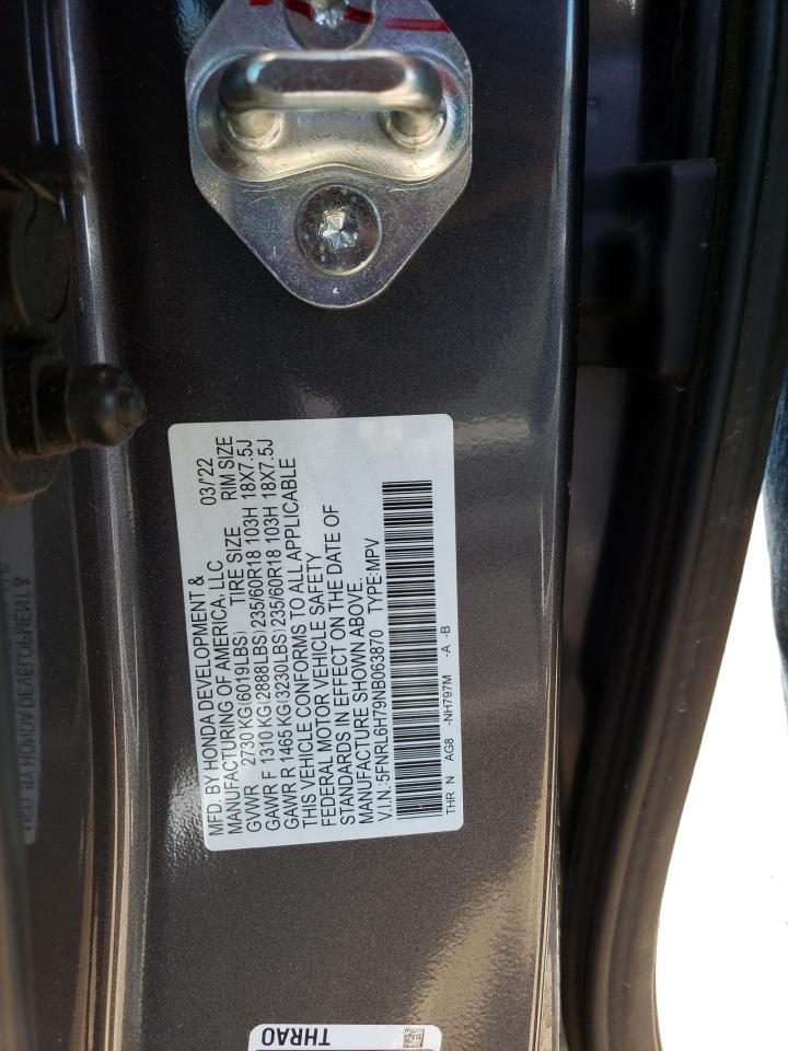 2022 HONDA ODYSSEY EXL VIN:5FNRL6H79NB063870