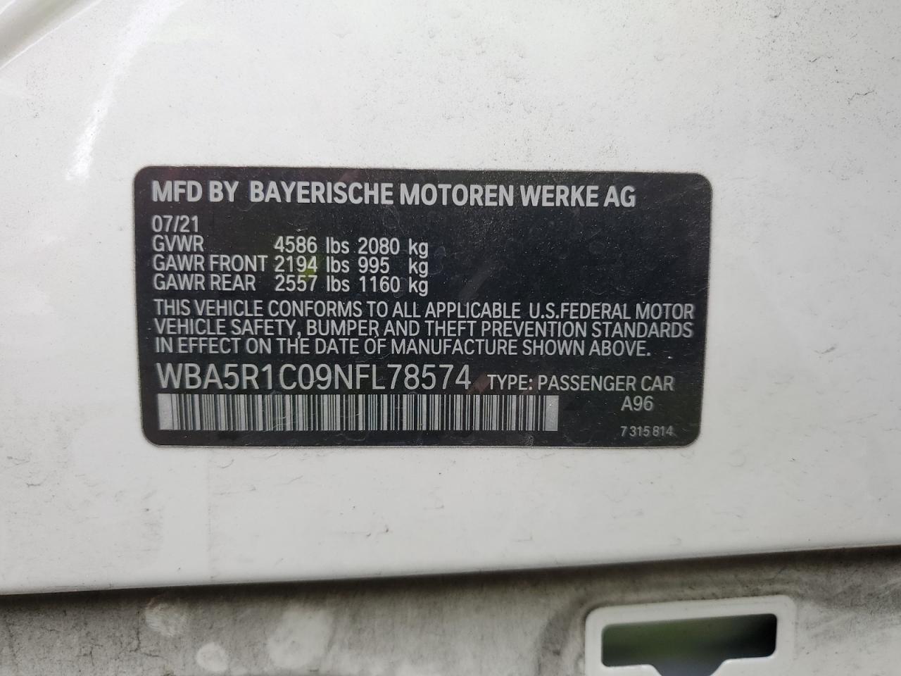 2022 BMW 330I VIN:WBA5R1C09NFL78574