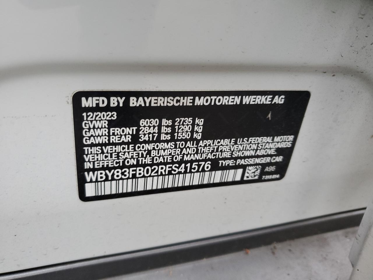 2024 BMW I4 XDRIVE 40 VIN:WBY83FB02RFS41576