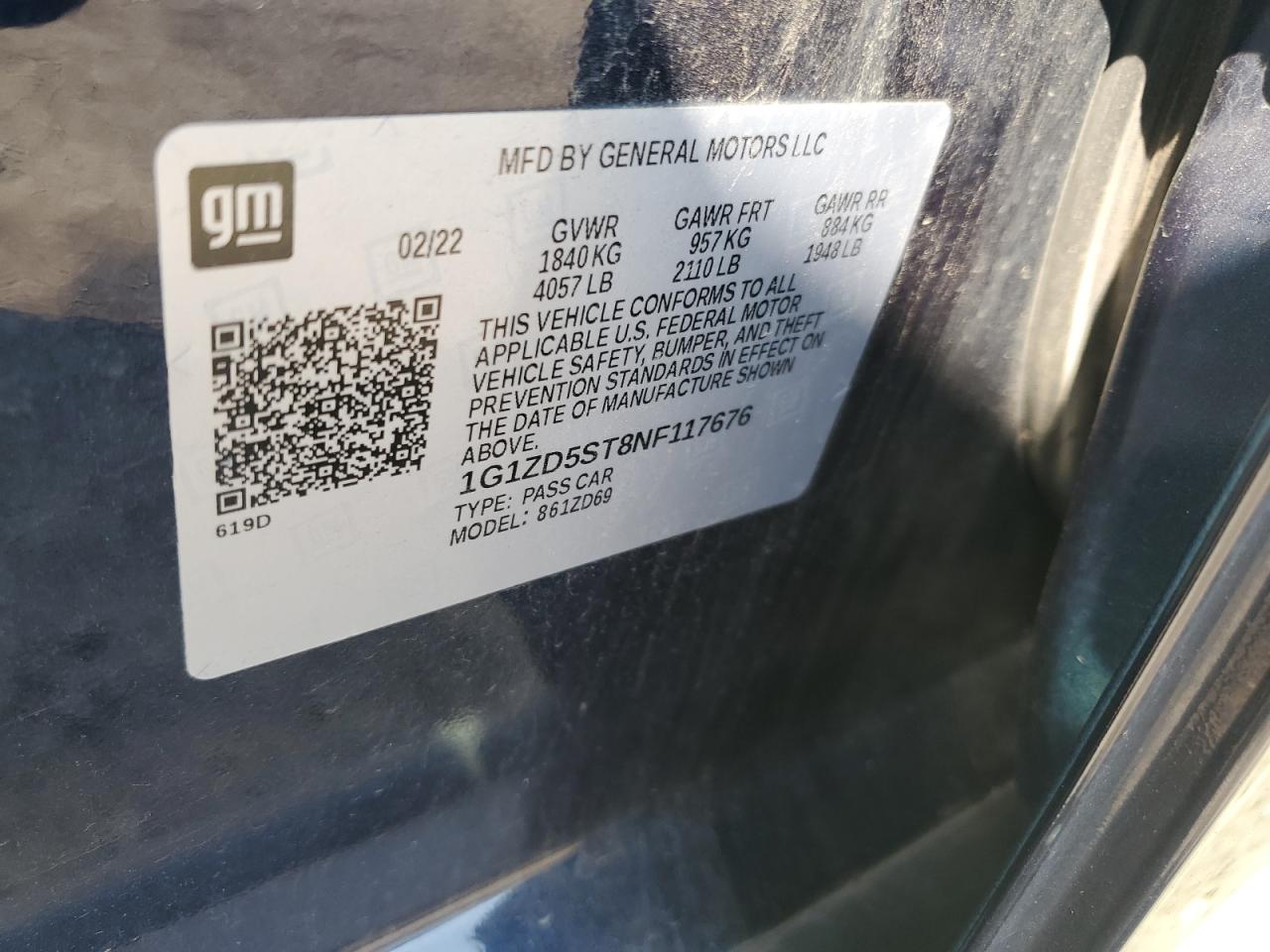 2022 CHEVROLET MALIBU LT VIN:1G1ZD5ST8NF117676