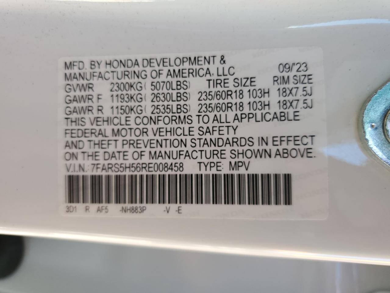 2024 HONDA CR-V SPORT VIN:7FARS5H56RE008458