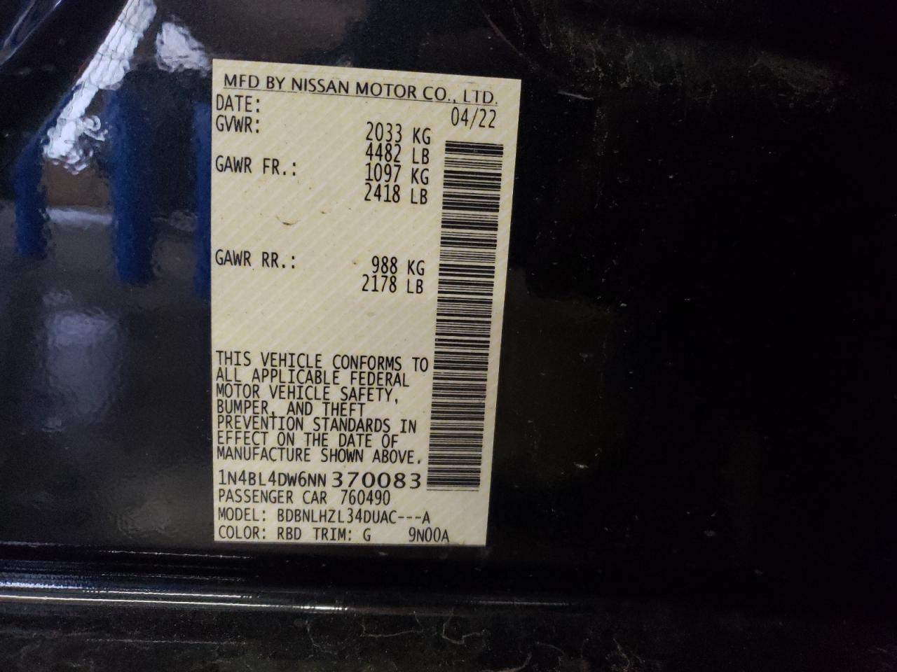 2022 NISSAN ALTIMA SV VIN:1N4BL4DW6NN370083