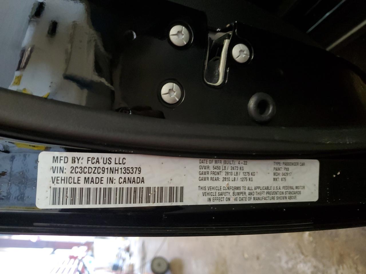 2022 DODGE CHALLENGER SRT HELLCAT VIN:2C3CDZC91NH135379