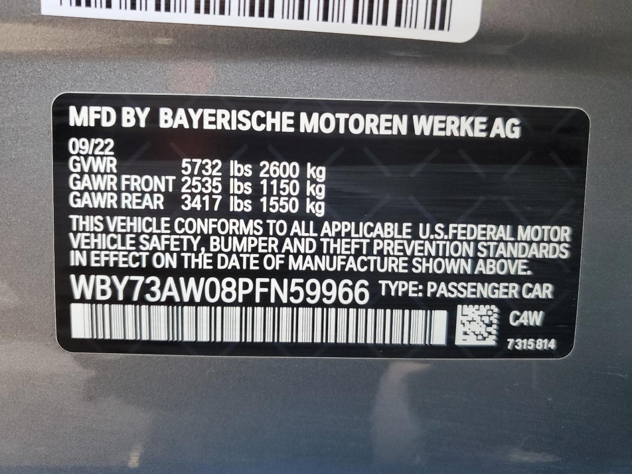 2023 BMW I4 EDRIVE40 VIN:WBY73AW08PFN59966