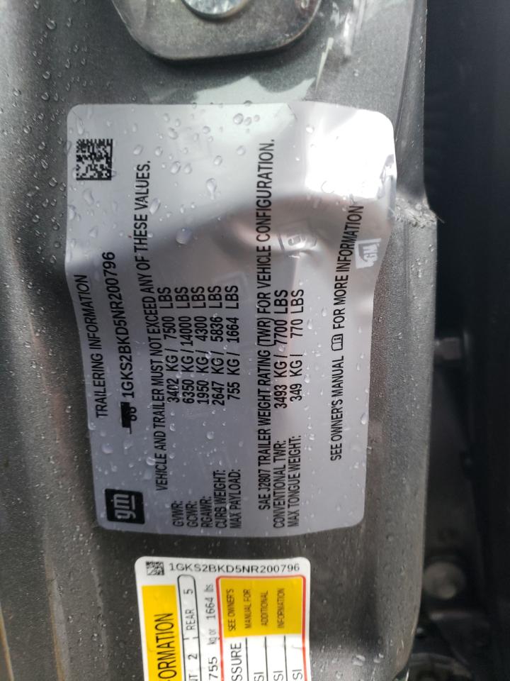 2022 GMC YUKON SLT VIN:1GKS2BKD5NR200796