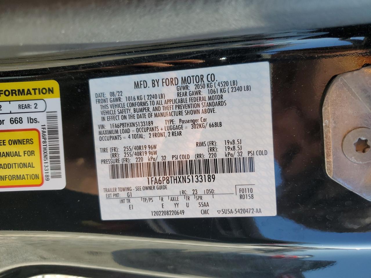 2022 FORD MUSTANG VIN:1FA6P8THXN5133189