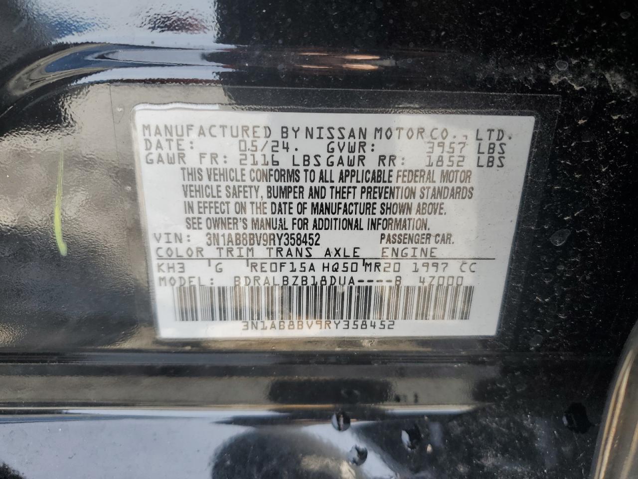 2024 NISSAN SENTRA S VIN:3N1AB8BV9RY358452