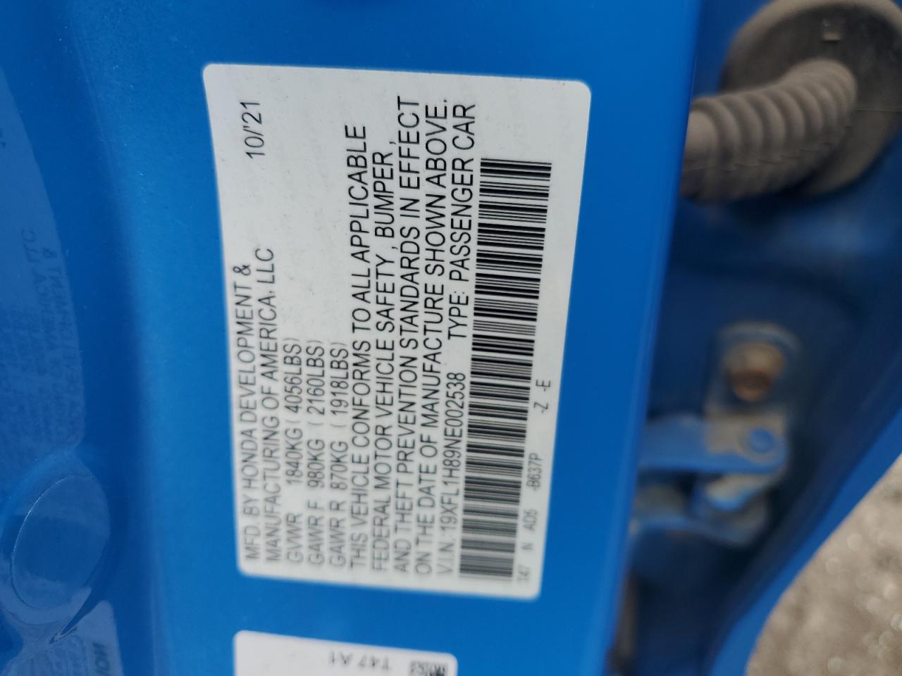 2022 HONDA CIVIC SPORT TOURING VIN:19XFL1H89NE002538