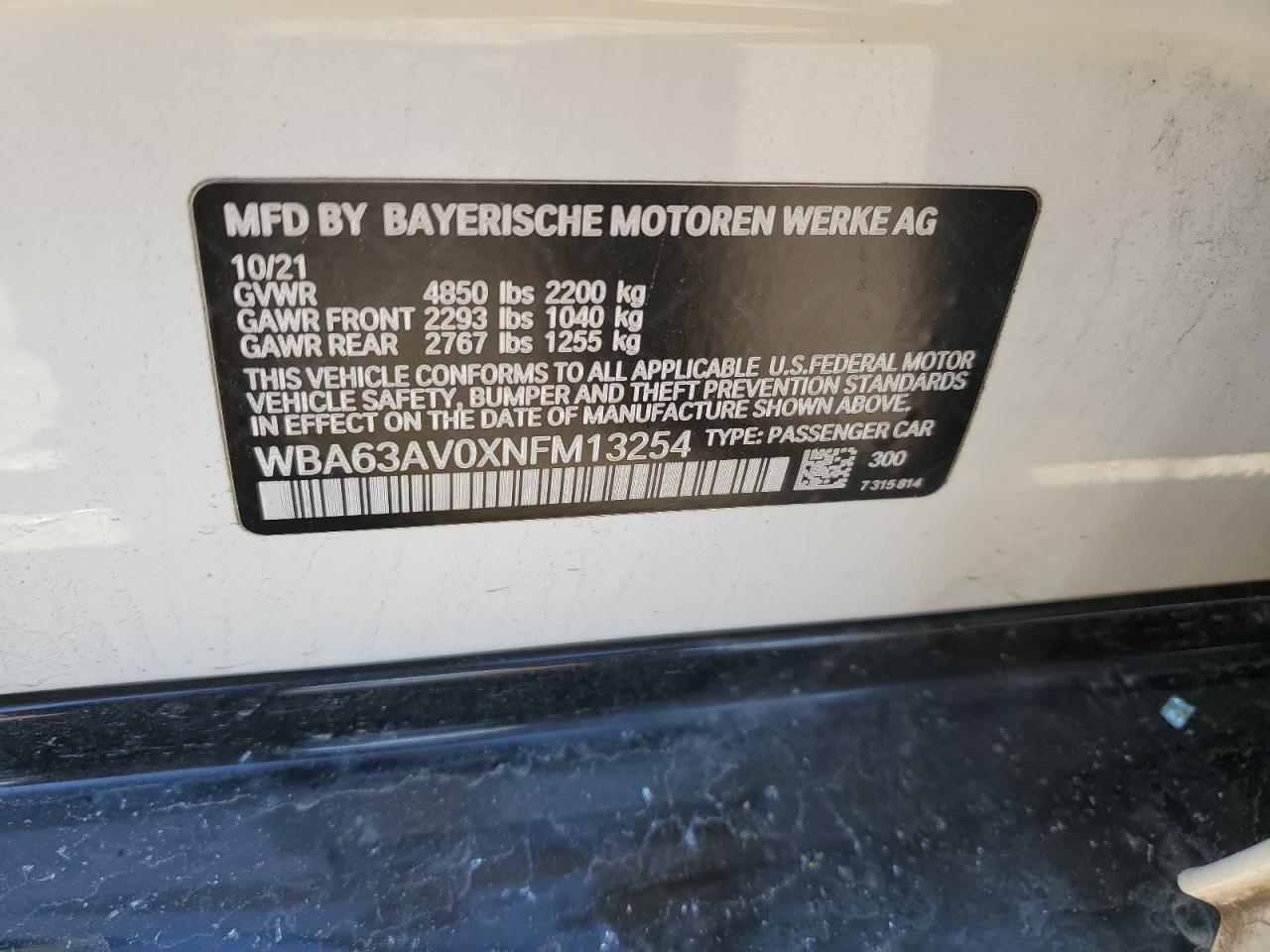 2022 BMW 430I GRAN COUPE VIN:WBA63AV0XNFM13254