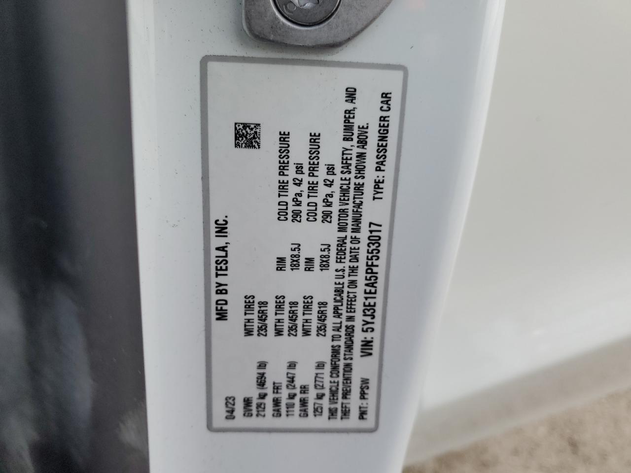 2023 TESLA MODEL 3 VIN:5YJ3E1EA5PF553017