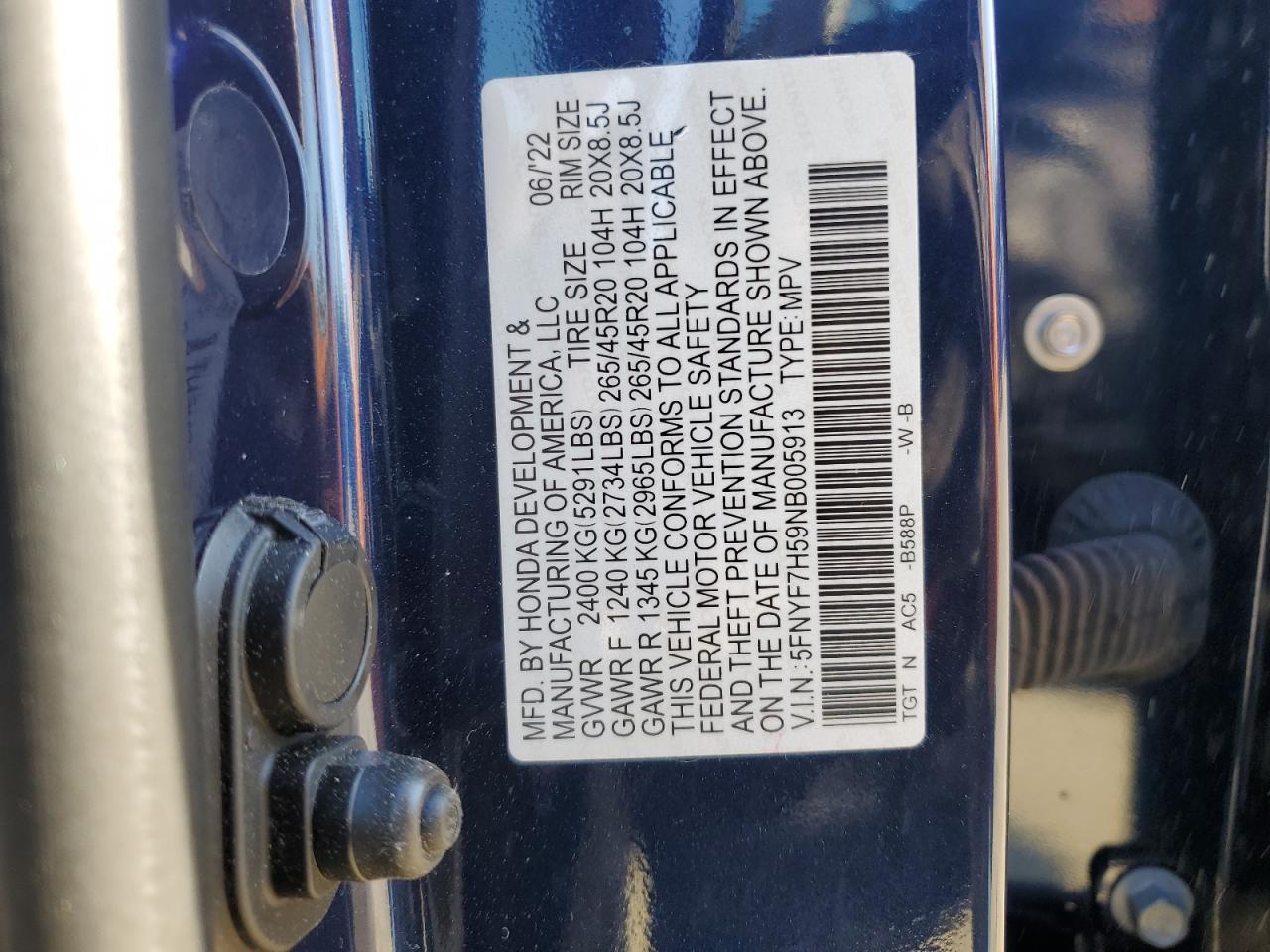 2022 HONDA PASSPORT EXL VIN:5FNYF7H59NB005913