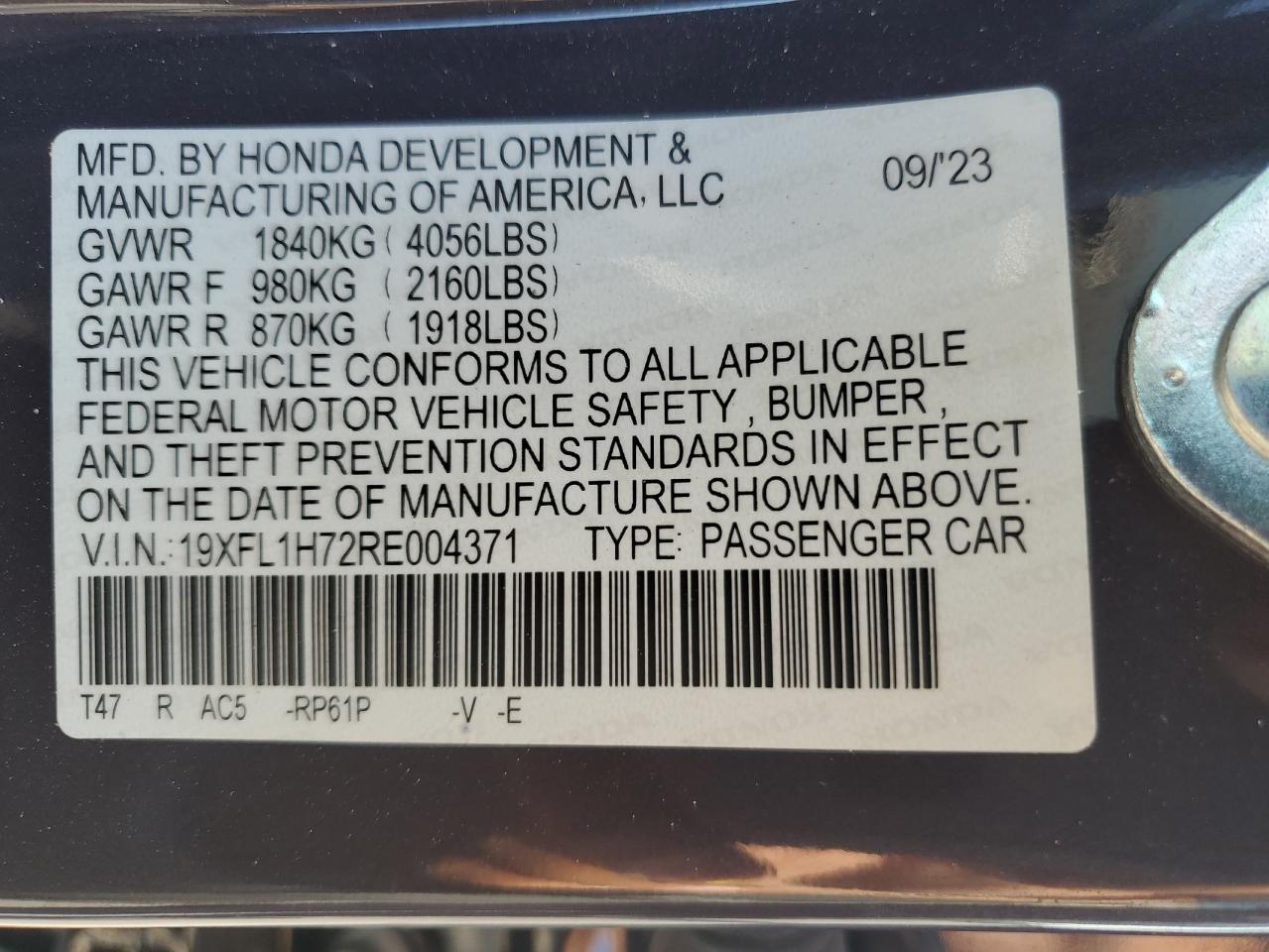 2024 HONDA CIVIC EXL VIN:19XFL1H72RE004371