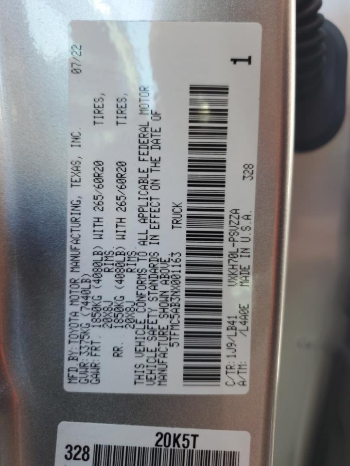 2022 TOYOTA TUNDRA CREWMAX PLATINUM VIN:5TFMC5AB3NX001163