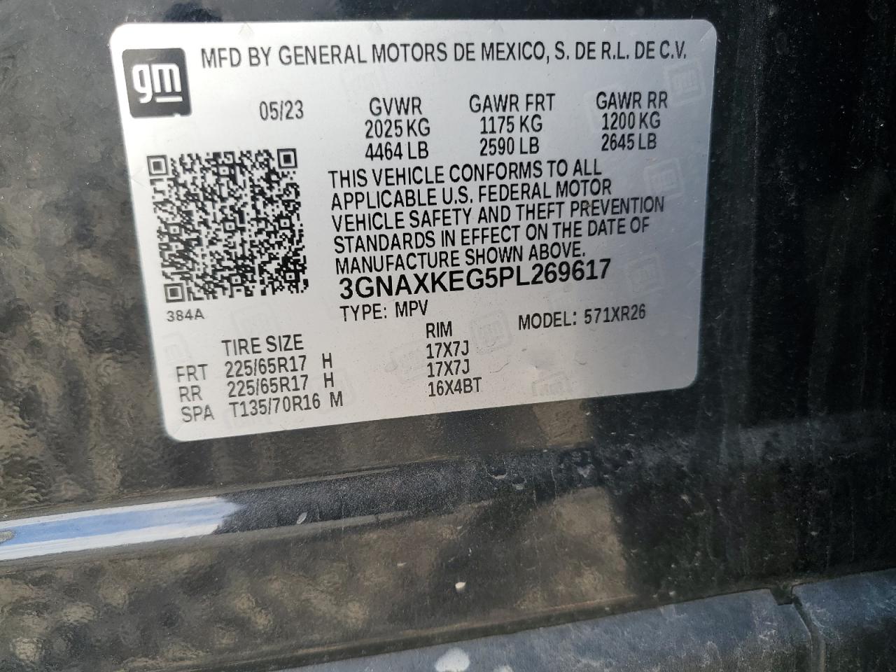 2023 CHEVROLET EQUINOX LT VIN:3GNAXKEG5PL269617