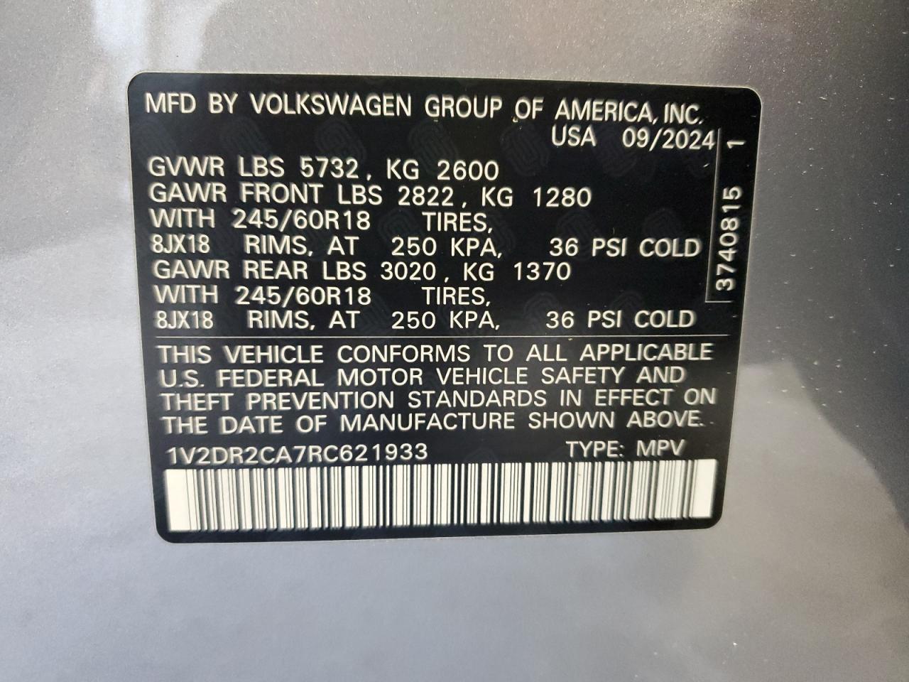 2024 VOLKSWAGEN ATLAS SE VIN:1V2DR2CA7RC621933