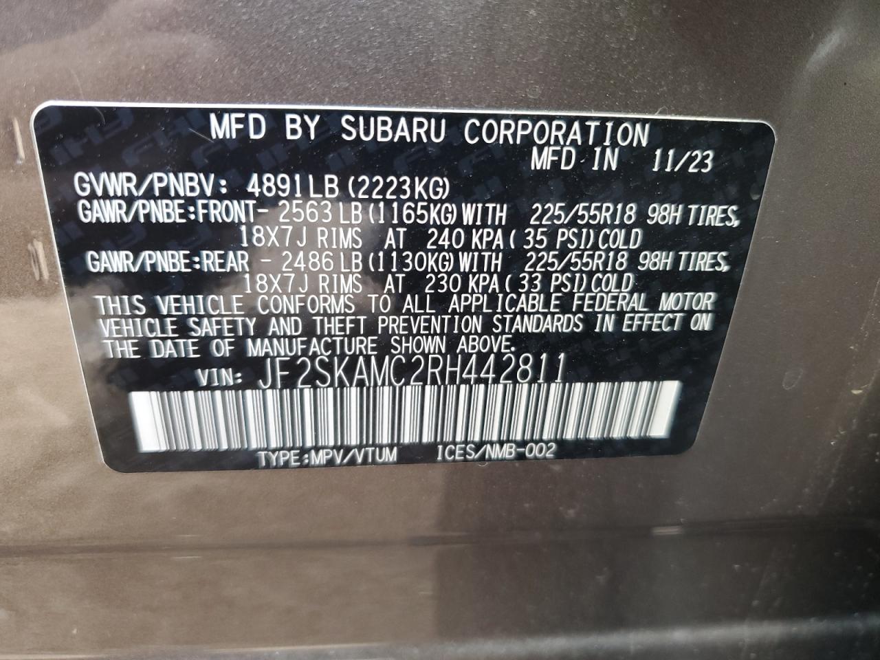 2024 SUBARU FORESTER TOURING VIN:JF2SKAMC2RH442811