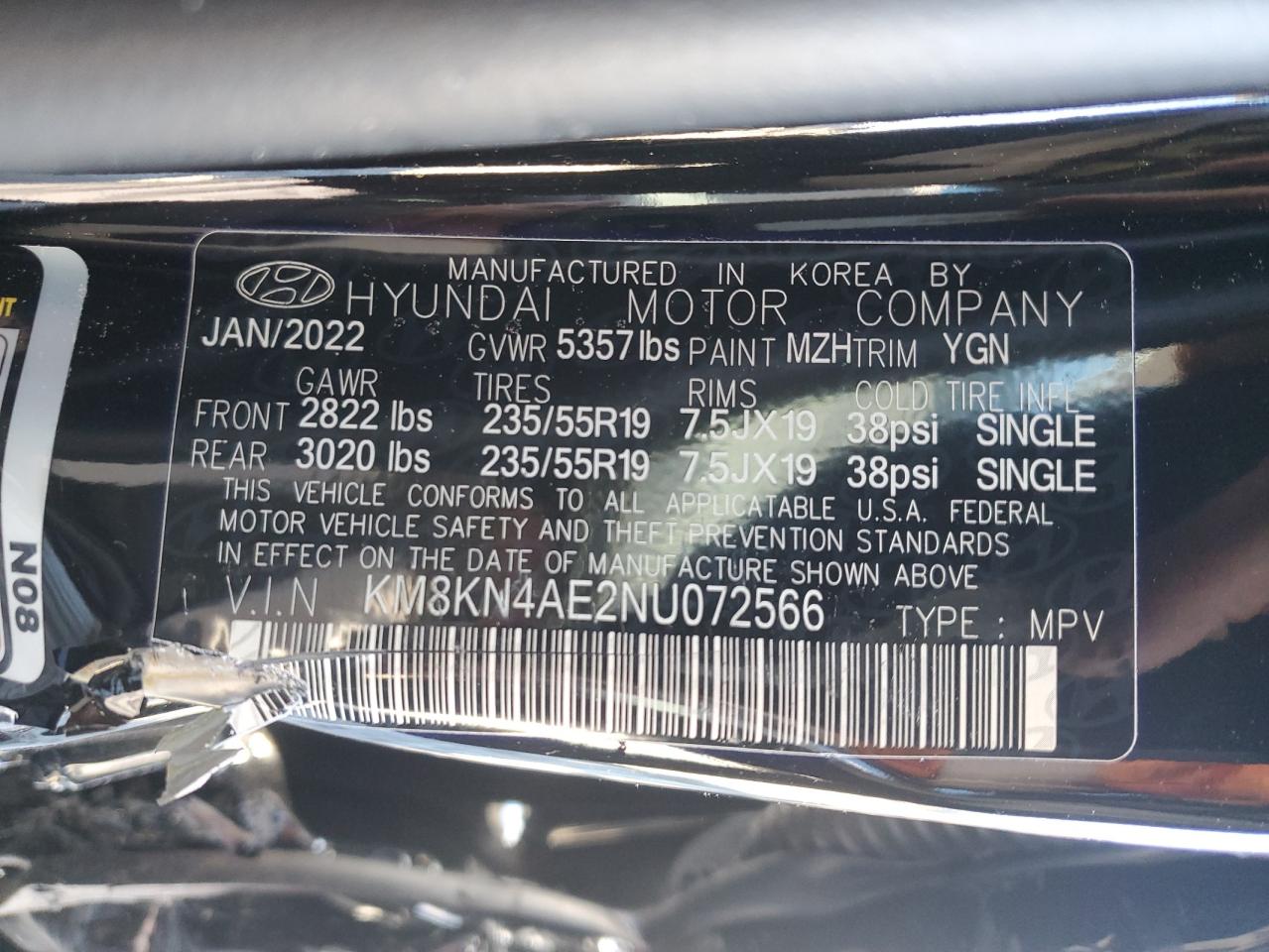 2022 HYUNDAI IONIQ 5 SEL VIN:KM8KN4AE2NU072566