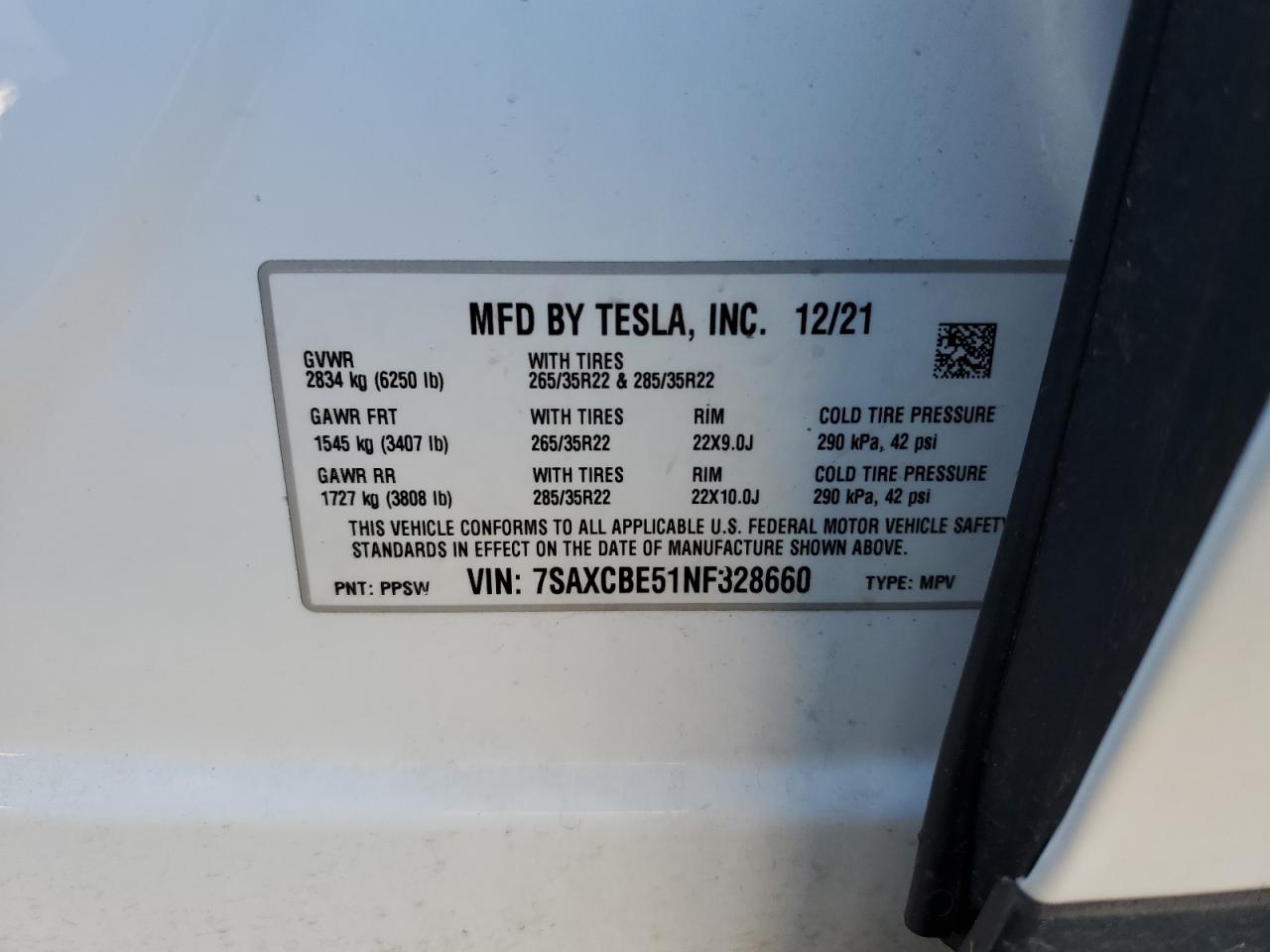 2022 TESLA MODEL X VIN:7SAXCBE51NF328660