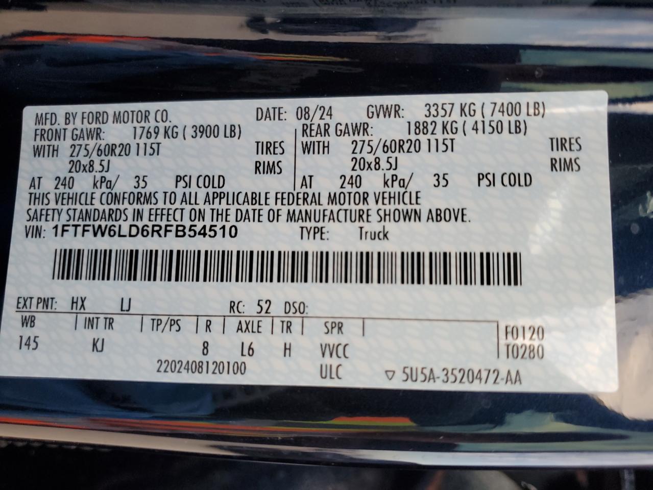 2024 FORD F150 KING RANCH VIN:1FTFW6LD6RFB54510