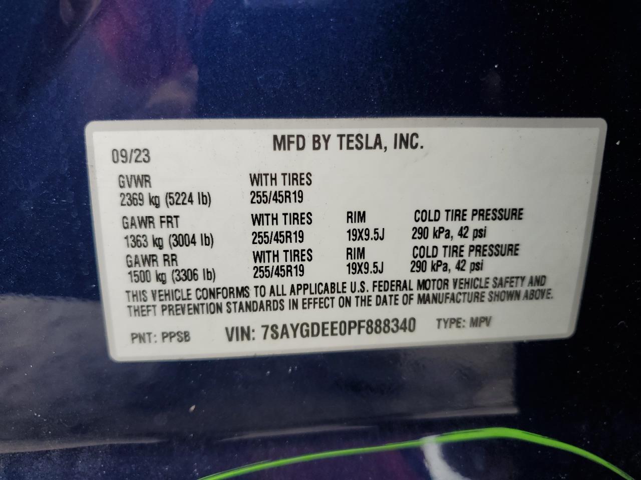 2023 TESLA MODEL Y VIN:7SAYGDEE0PF888340
