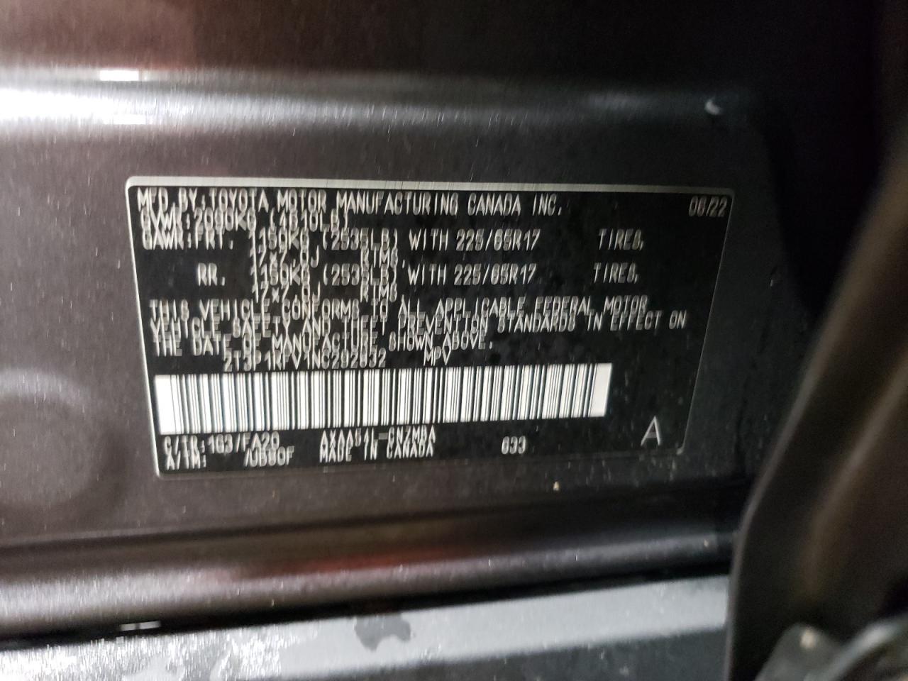 2022 TOYOTA RAV4 XLE VIN:2T3P1RFV1NC292832