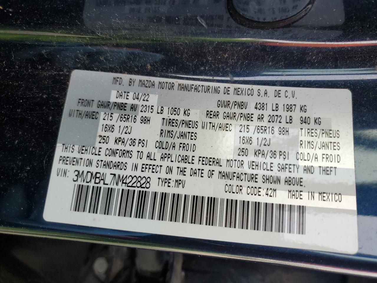 2022 MAZDA CX-30 VIN:3MVDMBAL7NM422828