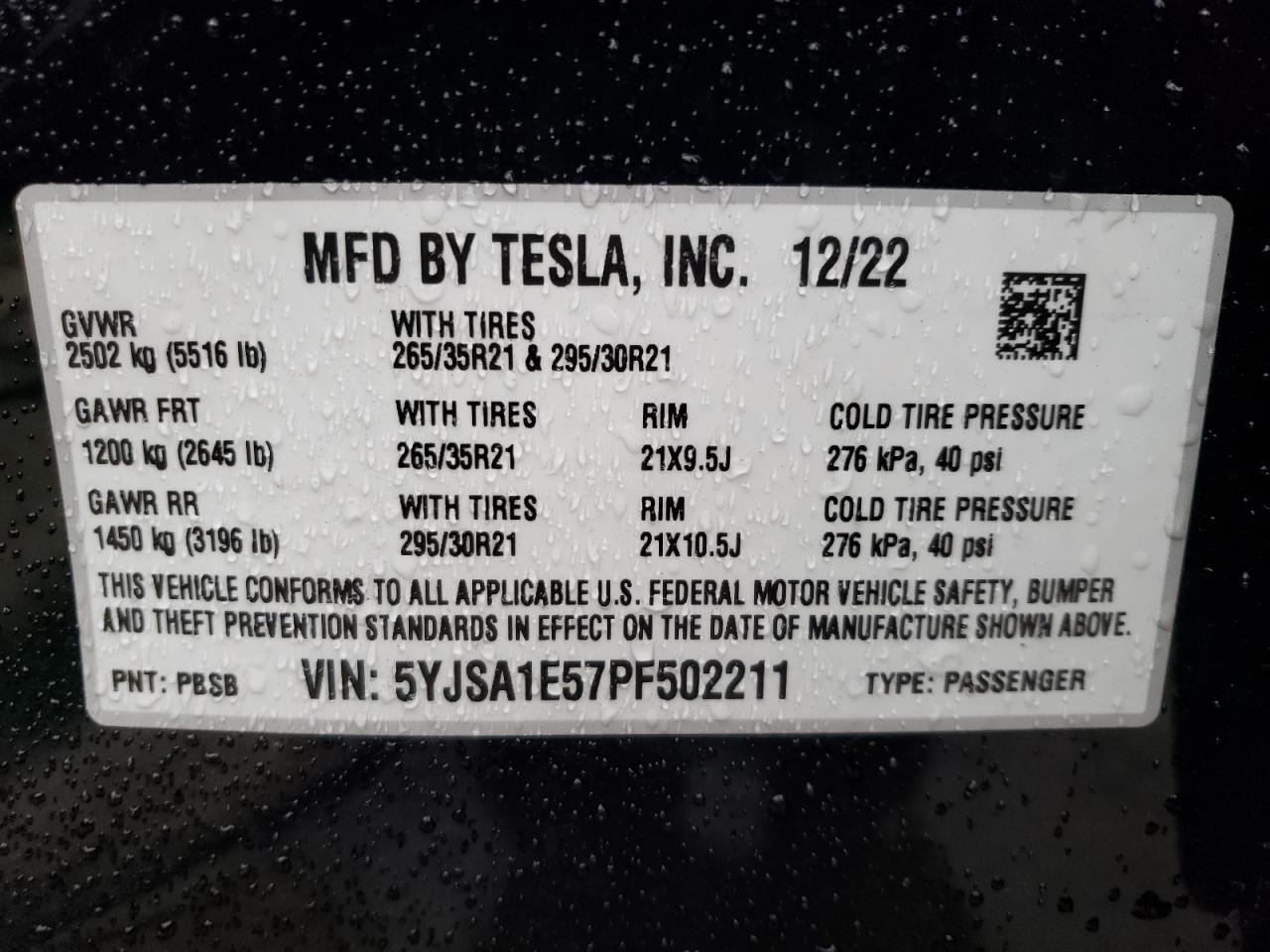 2023 TESLA MODEL S VIN:5YJSA1E57PF502211