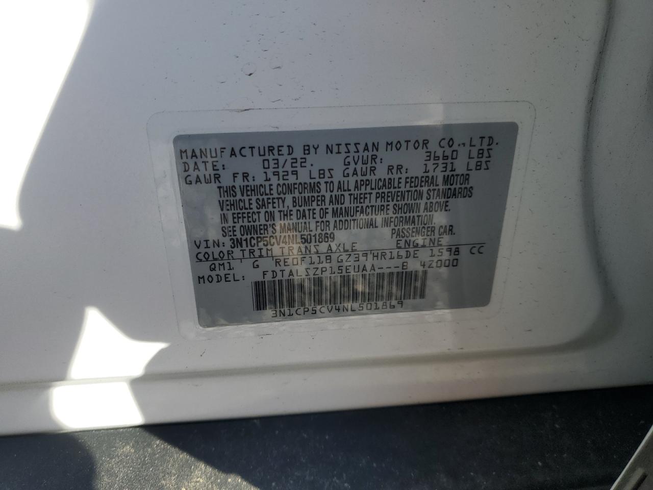 2022 NISSAN KICKS SV VIN:3N1CP5CV4NL501869
