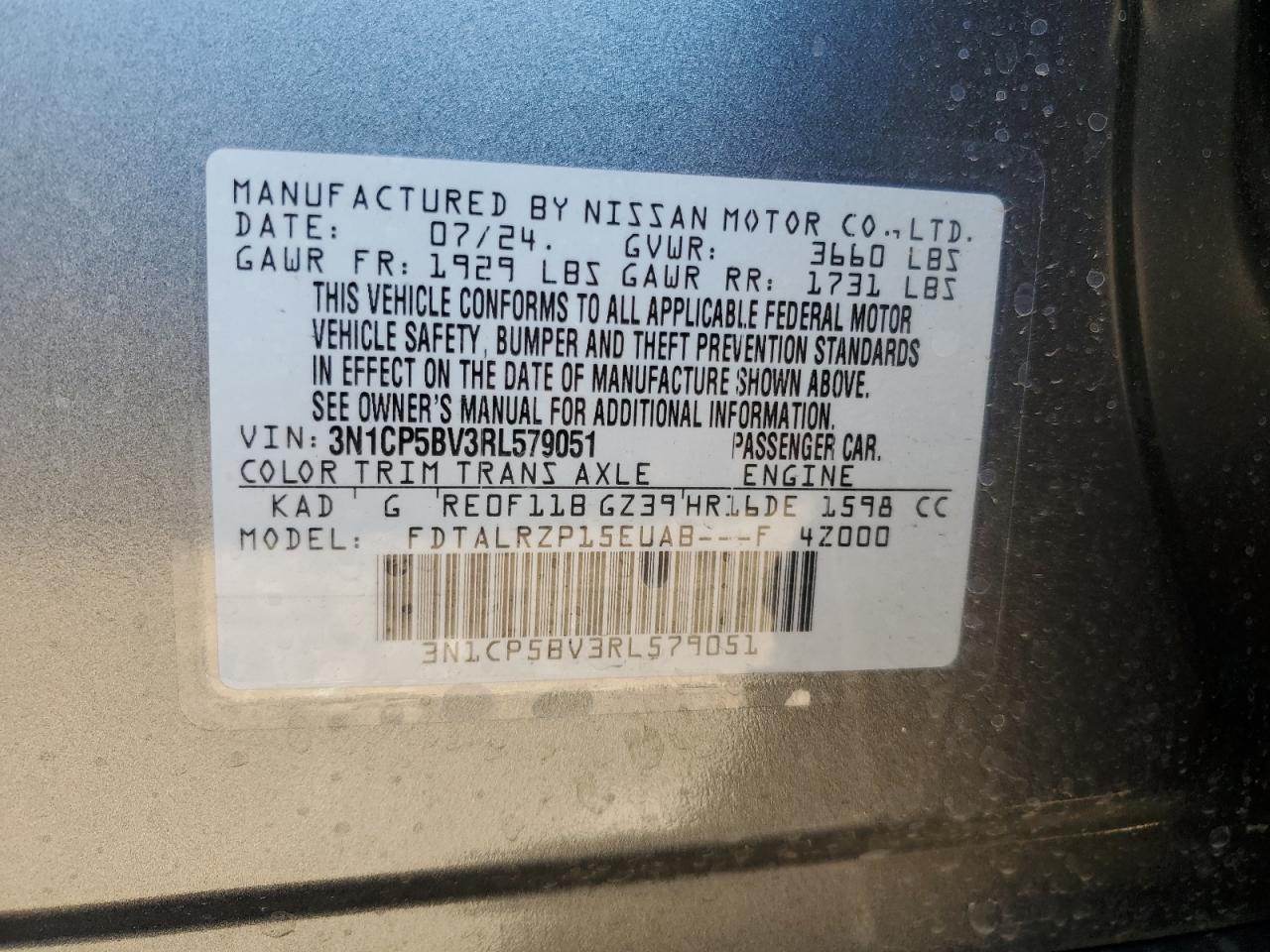 2024 NISSAN KICKS S VIN:3N1CP5BV3RL579051