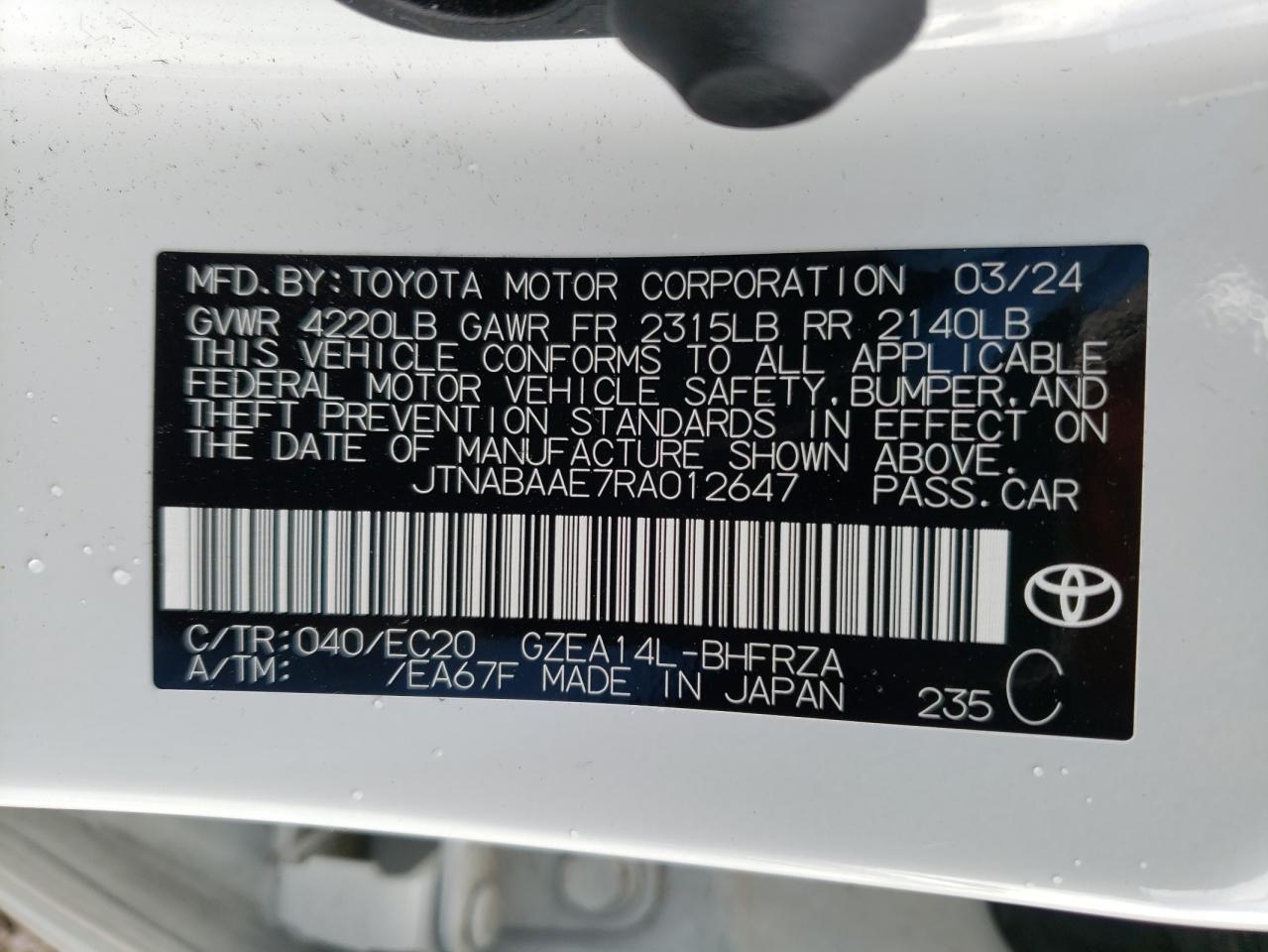 2024 TOYOTA GR COROLLA CORE VIN:JTNABAAE7RA012647