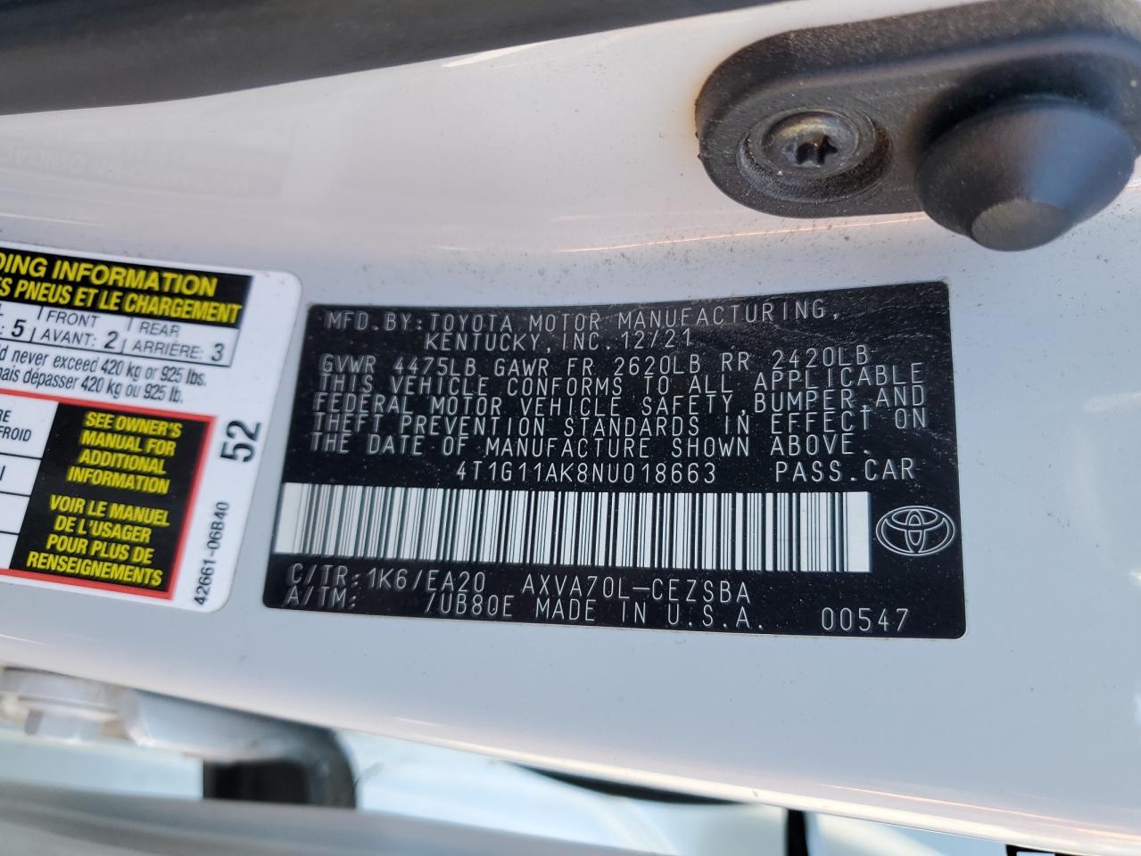 2022 TOYOTA CAMRY SE VIN:4T1G11AK8NU018663