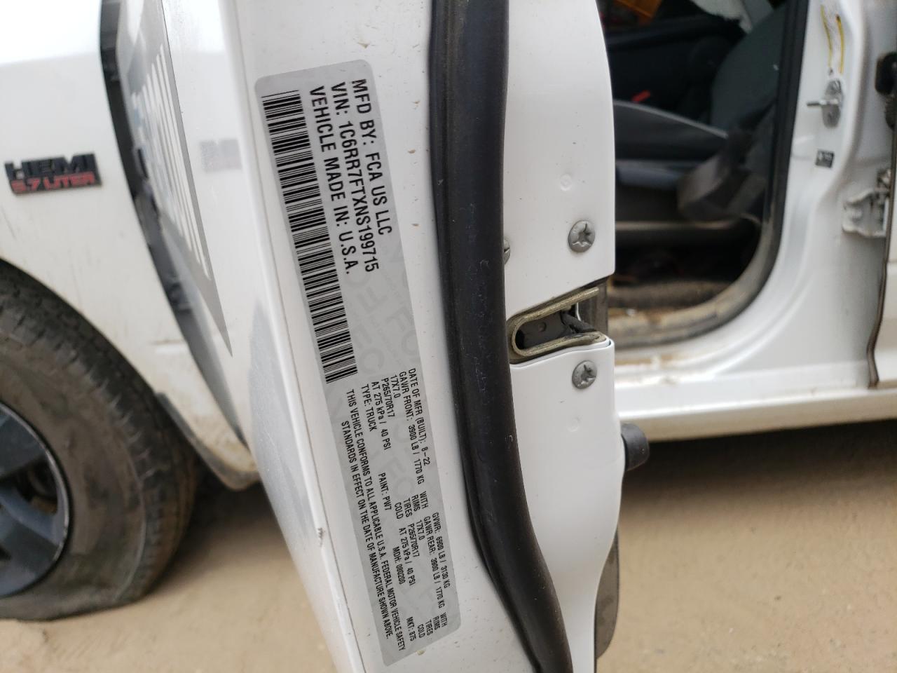 2022 RAM 1500 CLASSIC TRADESMAN VIN:1C6RR7FTXNS199715