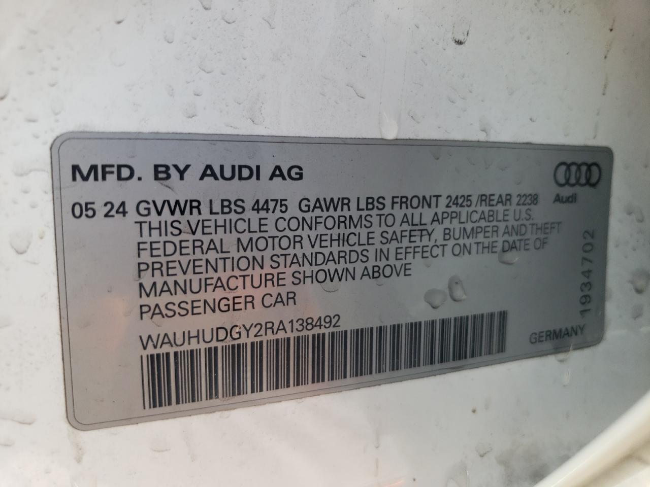 2024 AUDI A3 PREMIUM PLUS VIN:WAUHUDGY2RA138492