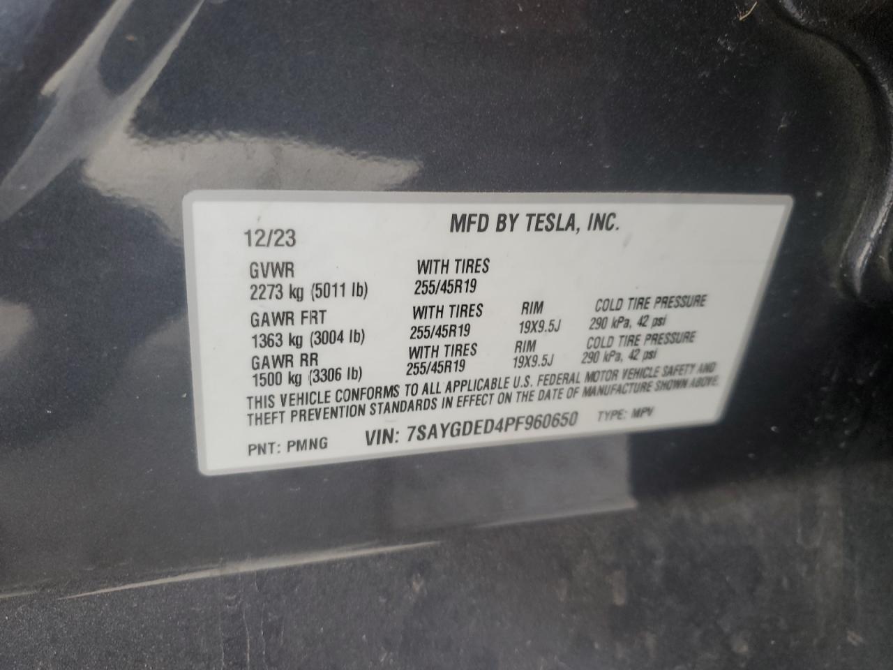 2023 TESLA MODEL Y VIN:7SAYGDED4PF960650