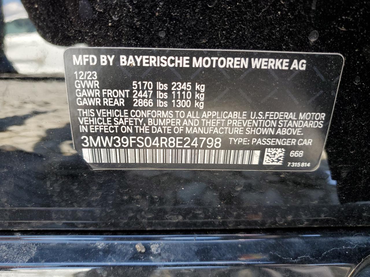 2024 BMW 330XE VIN:3MW39FS04R8E24798