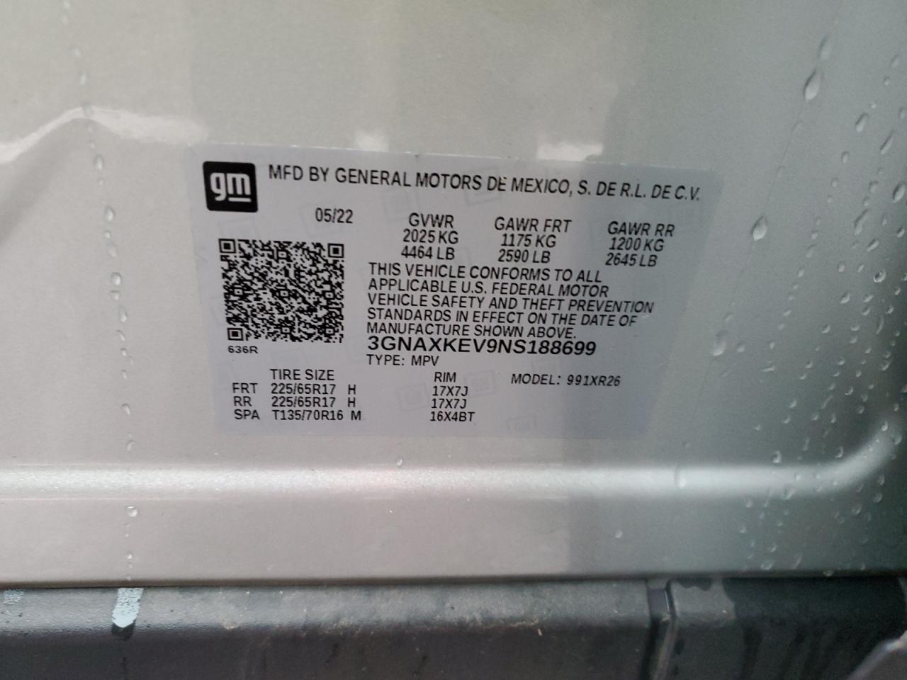 2022 CHEVROLET EQUINOX LT VIN:3GNAXKEV9NS188699