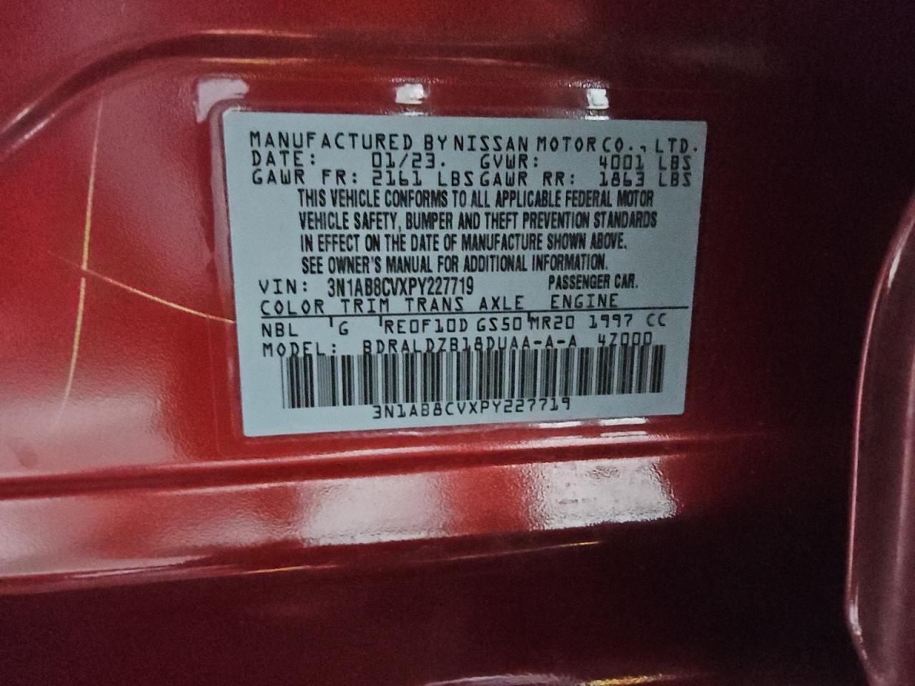 2023 NISSAN SENTRA SV VIN:3N1AB8CVXPY227719