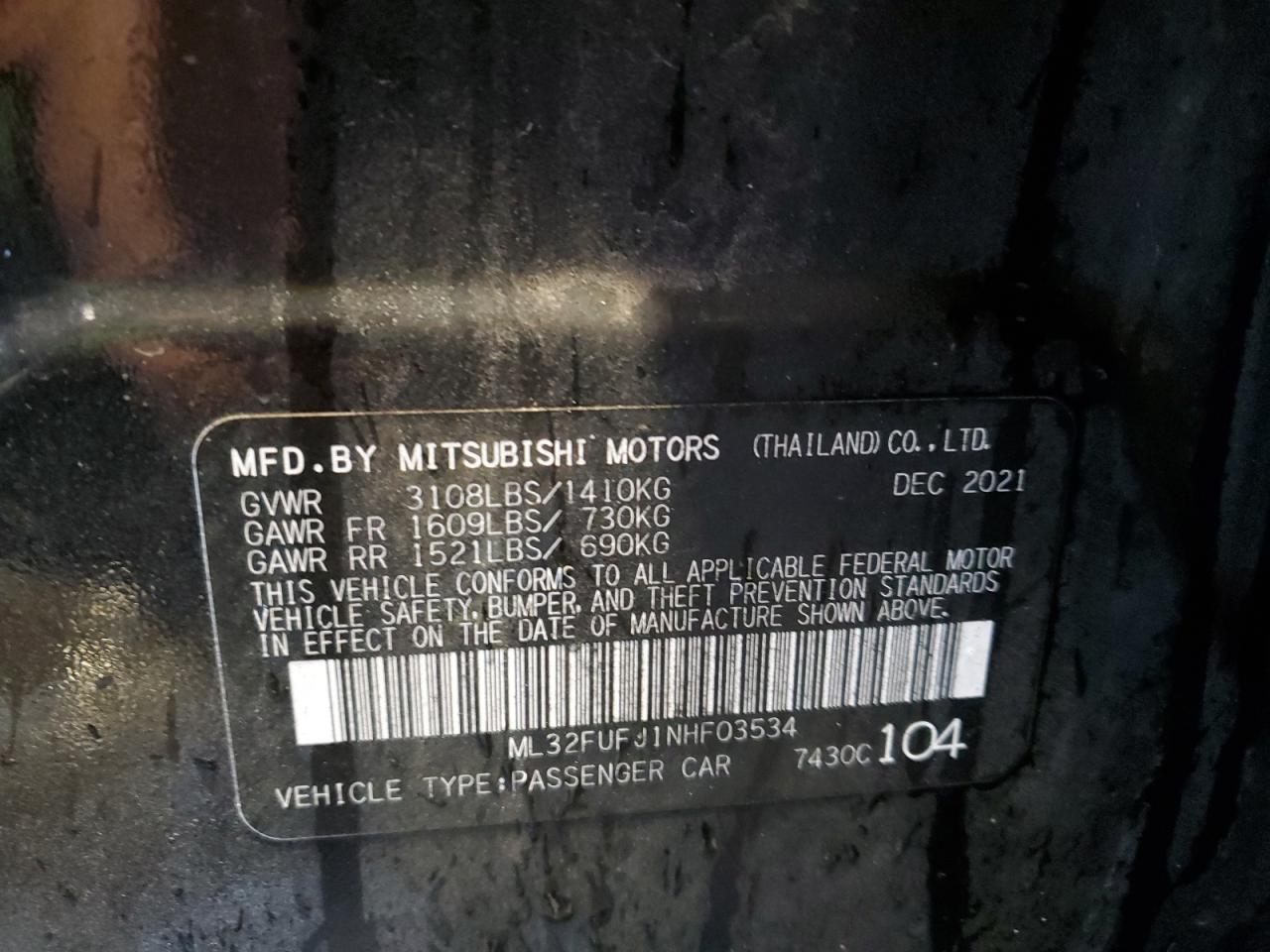 2022 MITSUBISHI MIRAGE G4 ES VIN:ML32FUFJ1NHF03534